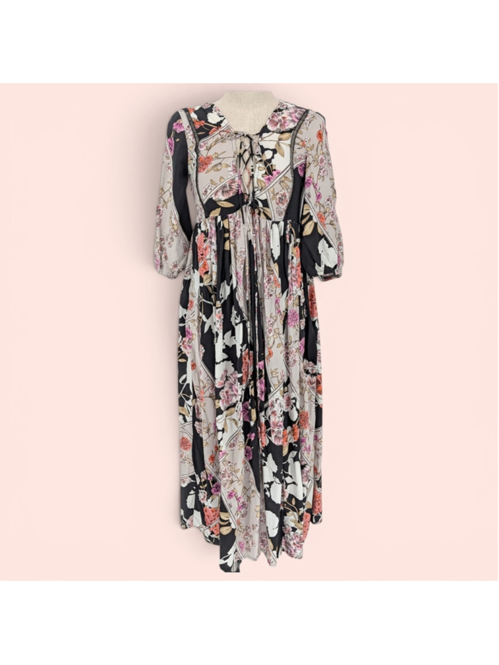Jaase Floral Patchwork Lace Up Rayon Maxi Dress XS Boho Modern Romantic Boho